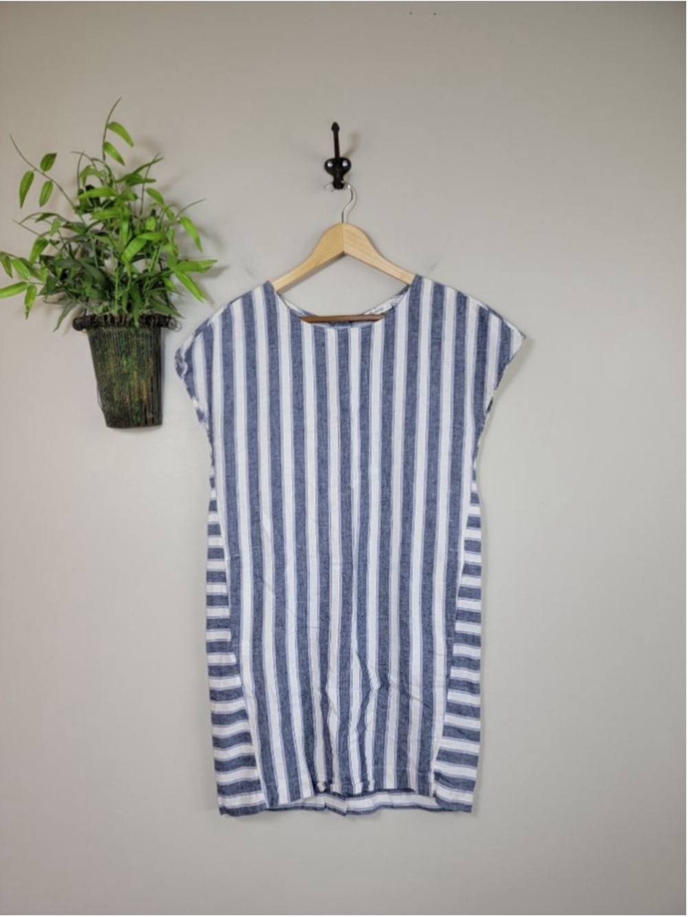 Madewell XXS Stripe Play Button Back Linen Tunic Shift Boxy Dress Cap Sleeve